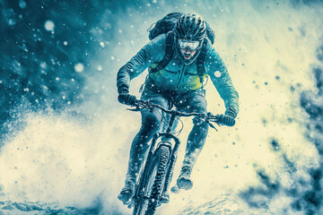 Winter cyclist extreme sport. Man on a bike high Speed. Sport concept. Digital art	
