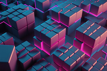 Abstract faceted pink and blue glowing neon light background. Square tiles, modern geometric texture, cyber network concept. Digital art	