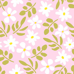 Simple floral vector seamless pattern. White chamomile flowers, green leaves on a light pink background. For fabric prints, textiles. Spring-summer collection.
