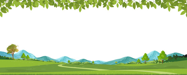 Spring green fields landscape,mountai,green leaves border with copy space,Panorama peaceful rural nature in spring with grass land.Cartoon Horizon for Spring,Summer Banner 