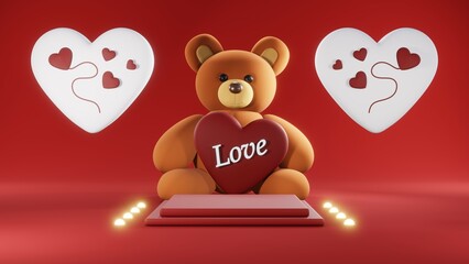 3D rendering of red podium for Valentine products on Valentine's Day.