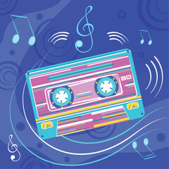 Retro colored music concept background with cassette Vector