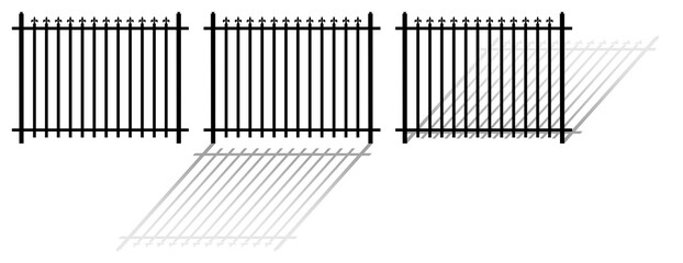 Classic wrought iron fences with shadows on transparent background png; shod metal railing, barrier with peak decorative elements; isolated, cartoon, clipart, graphic