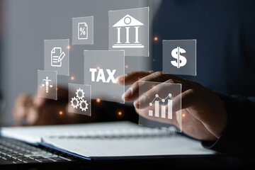 Naklejka premium Busines using a computer to complete Individual income tax return form online for tax payment. Government, state taxes. Data analysis, paperwork, financial research, report. tax return.