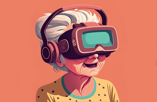 Generative AI image of smiling aged female watching video in VR headset