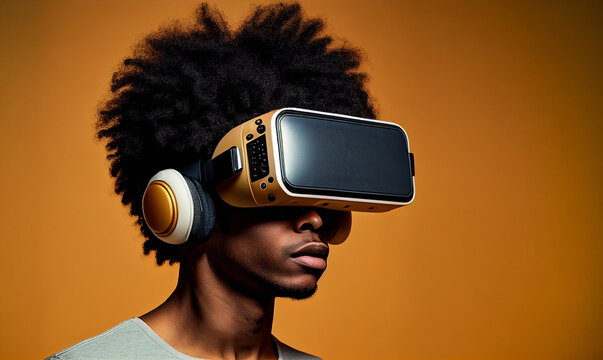 Generative AI illustration of black guy exploring virtual reality in modern goggles