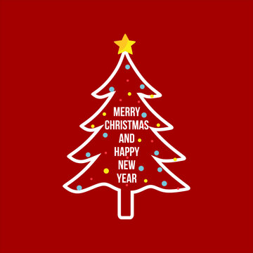 Minimal design card with christmas tree on red background. Merry christmas and happy new year concept. vector illustration