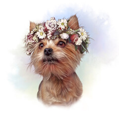 llustration of Yorkshire Terrier with a Crown of flowers on watercolor background. Lap dog. Cute puppy. Hand drawn illustration. Animal art collection: Pets. Good for print T-shirt, card, pillow