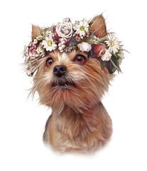 Yorkshire Terrier with a Crown of flowers isolated on white background. Lap dog. Cute puppy. Hand drawn illustration. Animal art collection: Dogs. Good for print T-shirt, cover, card