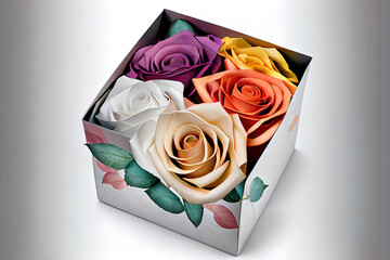 wonderful multicolored roses in white gift box