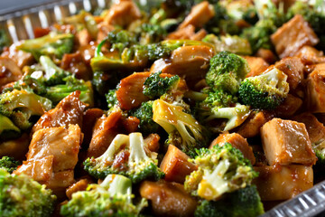A closeup view of a catering tray of chicken broccoli.