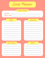 Event planner template. Bright design of a notepad page. Vector illustration