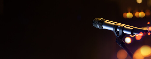 mike live and voice concept.Close-up the microphone on stand for speaker speech presentation stage...