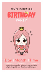 Happy birthday vertical invitation card with anime chibi girl.