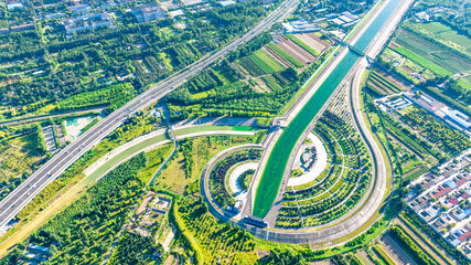 Aerial photography of the Main Canal of the Central Route of the South-to-North Water Diversion Project in Shijiazhuang City, Hebei Province, China