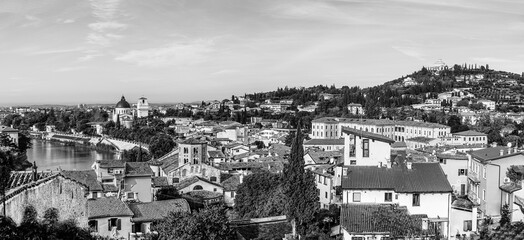 Verona, Veneto, Italy - Panoramic view of the city with the church of Saint George in Braida and the Sanctuary of Our Lady Lourdes in black and white