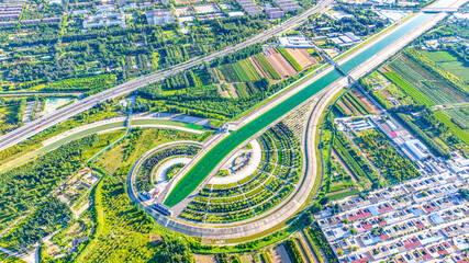 Aerial photography of the Main Canal of the Central Route of the South-to-North Water Diversion Project in Shijiazhuang City, Hebei Province, China