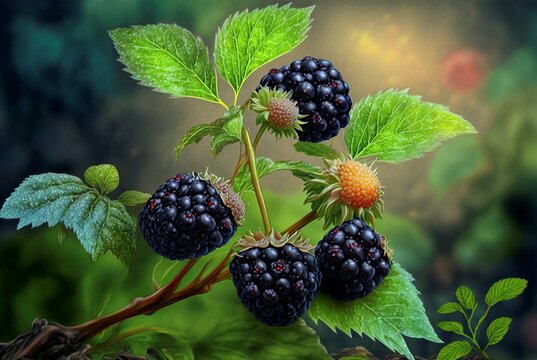 illustration of blackberries in the garden Blackberries, both ripe and unripe, on a bush. food. generative AI