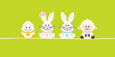 Osterei, 2 Weiße Osterhasen Mädchen/Junge & Schaf Banner Grün