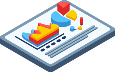 Isometric infographic element with charts, 3D illustration, bar graph and pie chart on smartphone, business statistics concept isolated