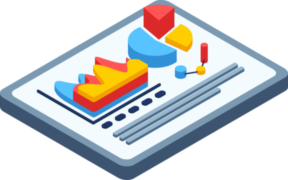 Isometric infographic element with charts, 3D illustration, bar graph and pie chart on smartphone, business statistics concept isolated