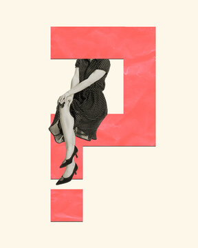 Contemporary art collage. Woman in stylish retro dress with question mark instead head over light background. Empty space for text