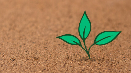 Green plant sprout in the ground. Earth and flora. Ecology protection. Banner with empty place for text. Cartoon illustration closeup