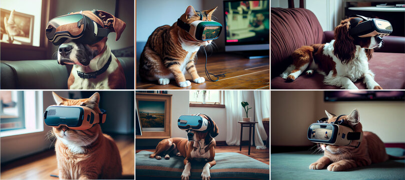 Cat and dog wearing Virtual reality glasses created with Generative Ai