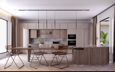 Obraz premium 3d rendering,3d illustration, Interior Scene and Mockup,kitchen and dining room modern scandinavian style.