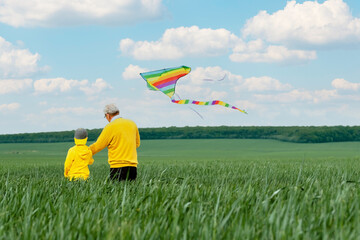 Focus on a kite launched by an older man and a child on a green glade turned back. family active outdoors game and enjoy good quality time. Healthy life concept. 