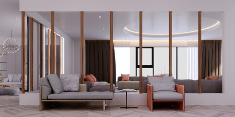 3d rendering,3d illustration, Interior Scene and  Mockup,living decorated with sofa, armchair, sideboard.