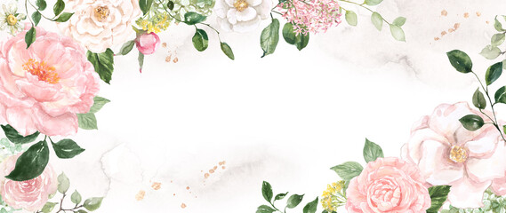 Watercolor floral background. Spring blush pink and creme flowers, greenery, and rose gold splash and wash on a white backdrop—artistic botanical banner.