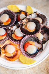 sea scallops in shell fresh seafood fast food healthy meal food snack on the table copy space food background rustic top view pescatarian diet