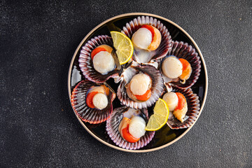 sea scallops in shell fresh seafood fast food healthy meal food snack on the table copy space food background rustic top view pescatarian diet