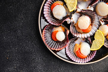sea scallops in shell fresh seafood fast food healthy meal food snack on the table copy space food background rustic top view pescatarian diet