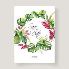 Wedding invitation card with watercolor tropical wreath. Save the Date.