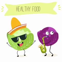 Fotobehang Illustration with funny characters cabbage, red cabbage. Funny and healthy food. Vitamins, cute face food, ingredients, vegetarianism, vector cartoon, antioxidant. © Natalia