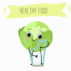 Illustration with funny characters cabbage, red cabbage. Funny and healthy food. Vitamins, cute face food, ingredients, vegetarianism, vector cartoon, antioxidant.