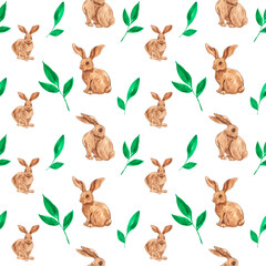 Drawn watercolor pattern of rabbits. Rabbits. Animal print. Children's pattern. Easter. Spring. Easter seamless pattern. Religion. Culture. Traditions. Red hare.