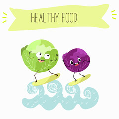 Illustration with funny characters cabbage, red cabbage. Funny and healthy food. Vitamins, cute face food, ingredients, vegetarianism, vector cartoon, antioxidant.