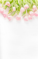 Mother's Day, St Valentine's Day Card. Tulips on white Background, flat lay