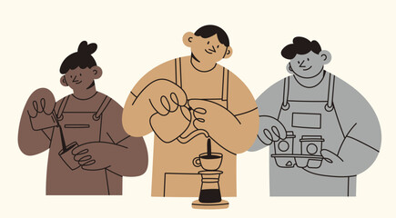A group of cafe workers. Barista in apron making Coffee, cappuccino, pouring milk to coffee, holding paper cups. Isolated cartoon characters. Hand drawn Vector illustration. Coffee shop concept - obrazy, fototapety, plakaty