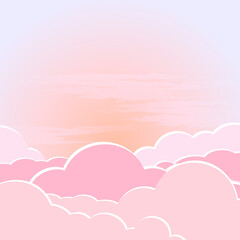 Sky dawn, sunset landscape, solar lighting on paper clouds, romantic bright background for design