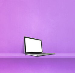 Fototapeta premium Laptop computer on purple shelf. Square background
