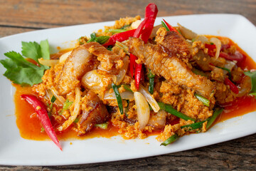 Stir fried pork with curry powder, Thai Food.