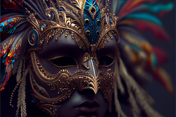 Vector Illustration. Black golden carnival mask with feathers. 