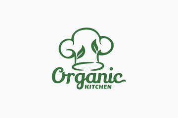 organic kitchen logo with a combination of chef's hat and leaves