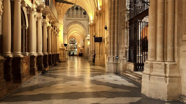 Interior of the famous gothic Burgos Cathedral in Castilla y Leon, Spain. Unesco World Heritage Site. High quality 4k footage