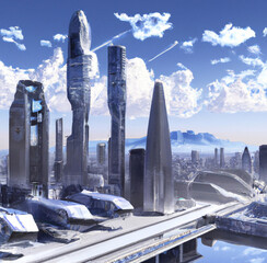 3D Rendering Futuristic Skyscraper City with Clouds a Skyline Buildings AI Generative
