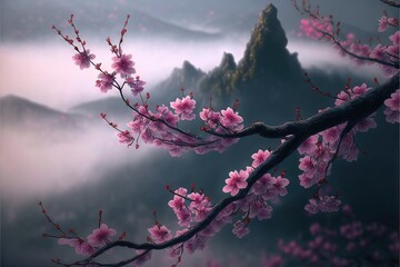 Kirschblütenzweig, Sakura mit Landschaft im Hintergrund - ai generiert